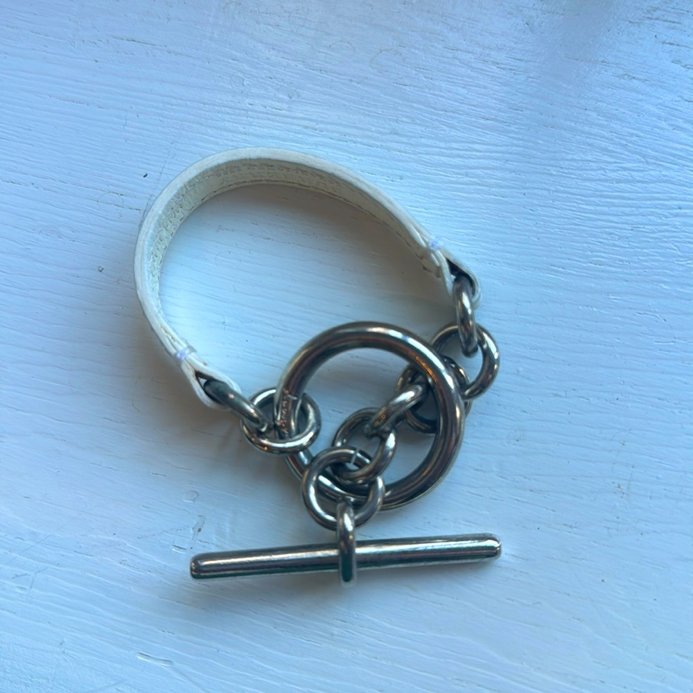 Burberry | Vintage T-Bar Silver & White Leather Bracelet